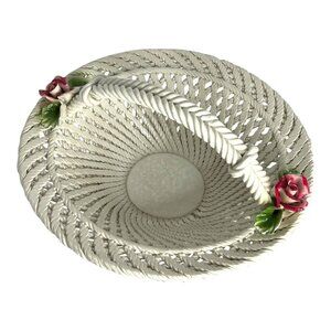 Vintage Porcelain Rope Basket with Pink Roses – White Lattice Handle Floral Cent